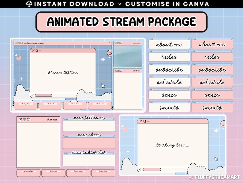 Animated Stream Overlay Package / Twitch Stream / Pastel / Illustrated ...