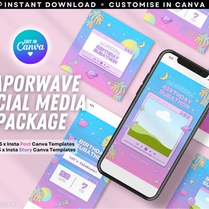 May include: A set of 10 vaporwave themed social media templates for Canva. The templates feature a blue and pink color scheme with stars, planets, and a retro computer screen design. The text on the templates reads "Cassie's Birthday Subathon".