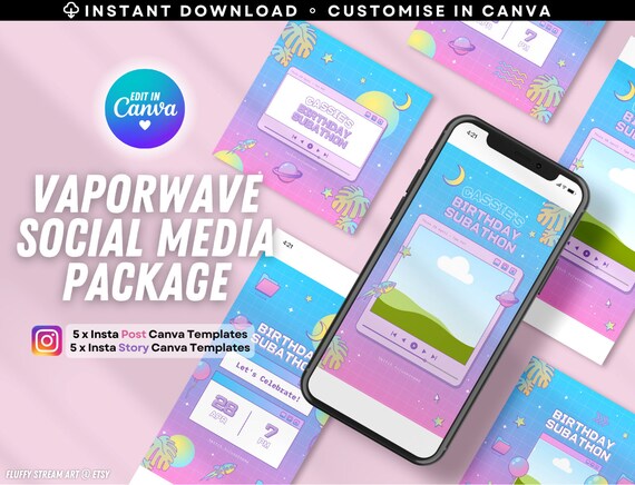 Vaporwave Social Media Package: Twitch YouTube Canva Templates (Instant Download)