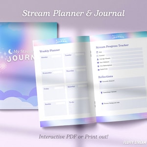 May include: A printable planner and journal for streamers with a pastel blue, pink, and purple gradient background. The planner includes a weekly planner, a stream progress tracker, and a reflections section. The journal cover features a crescent moon, stars, and clouds.