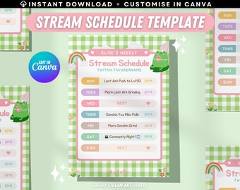 Green Froggy Twitch YouTube wekelijks streamschema / promo / bewerkbare canva-sjabloon / schattig / pastel / eenvoudig / direct downloaden / kawaii