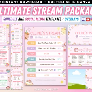以下が含まれることがあります： Twitchストリーマー向けのピンクと白のデジタルプランナーテンプレート。テンプレートには、スケジュール、誕生日サブアソンのマイルストーン、そして私についてセクションが含まれています。テンプレートは、食べ物や飲み物の可愛い漫画の画像で飾られています。