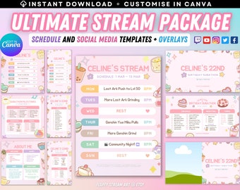 Twitch YouTube Stream Subathon Schedule / Social Media / Editable Canva Template / Sweet Cute Pastel / Custom / Instant Download