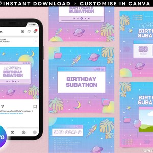 May include: A set of five social media templates in a vaporwave aesthetic. The templates feature a pink and blue color scheme with a grid pattern, stars, planets, and rockets. The text on the templates reads "Cassie's Birthday Subathon" and "Birthday Subathon".