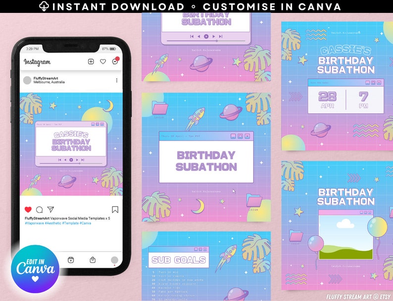May include: A set of five social media templates in a vaporwave aesthetic. The templates feature a pink and blue color scheme with a grid pattern, stars, planets, and rockets. The text on the templates reads "Cassie's Birthday Subathon" and "Birthday Subathon".
