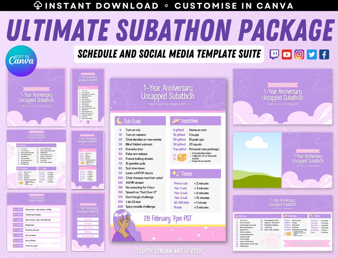 Twitch Youtube Stream Subathon Schedule / Event Promo / Editable Canva Twitch Youtube Stream Subathon Schedule / Event Promo / Editable Canva
