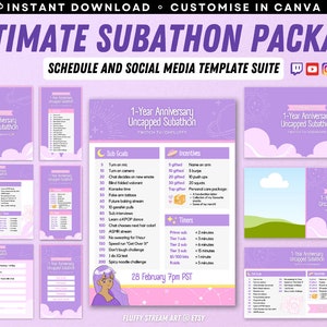 以下が含まれることがあります： Twitchサブアソン用の紫とピンクのデジタルテンプレートで、「Ultimate Subathon Package」と「Schedule and Social Media Template Suite」のテキストが書かれています。テンプレートには、サブ目標、インセンティブ、タイマーのスケジュールが含まれています。テンプレートには、「1-Year Anniversary Uncapped Subathon」というテキストのソーシャルメディアグラフィックも含まれています。