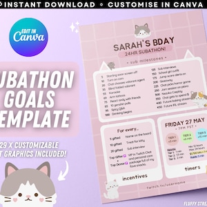 Bequeme Katze Twitch YouTube Subathon Stream Stundenplan / Promo / Editierbare Canva Template / anpassbar / Mauve Pink / Sofort Download / Kawaii
