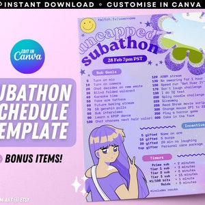 Peut inclure: Un modèle de planning illustré en violet et vert pour un subathon avec le titre "Uncapped Subathon" et la date "28 Feb 7pm PST". Le planning comprend une liste d'objectifs de souscription avec les points correspondants, des incitations pour les téléspectateurs et un chronomètre pour les différents niveaux d'abonnés.