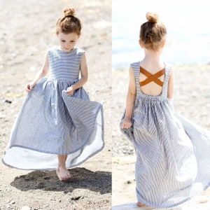 Blumenmädchen Kleid | Sommerkleid für Mädchen | Atmungsaktives Baumwollkleid | Blaues Streifen Kleid | Kleines Mädchen Sommerkleid | Mädchen Baumwollkleid