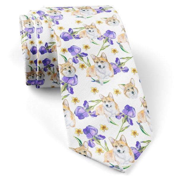 Tie for men, Kids Tie, Boys Ties, Necktie for man, Fashion Necktie for men, Novelty Conversational Neckwear Tie ( Purple Flower Corgi Dog )