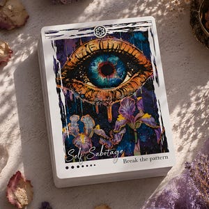 May include: A rectangular tarot card featuring a large, detailed human eye with a blue iris and orange-toned skin, positioned above purple and yellow iris flowers. The text reads Self Sabotage and Break the pattern in a white border.