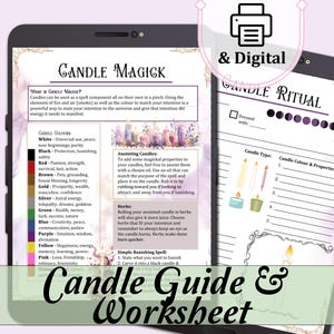 May include: A printable candle magic guide and worksheet with a purple and green watercolor background. The guide includes a list of candle colors and their associated magical properties. The worksheet includes a section for candle type, color, and properties.