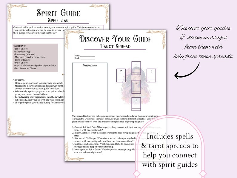K&ouml;nnte beinhalten: Ein druckbarer Leitfaden mit Anweisungen zum Erstellen eines Zauberglases f&uuml;r einen spirituellen F&uuml;hrer und einem Tarot-Spread, der dir hilft, dich mit deinen spirituellen F&uuml;hrern zu verbinden. Der Leitfaden enth&auml;lt eine Liste der Zutaten f&uuml;r das Zauberglas und einen F&uuml;nf-Karten-Tarot-Spread mit Anweisungen f&uuml;r jede Karte.