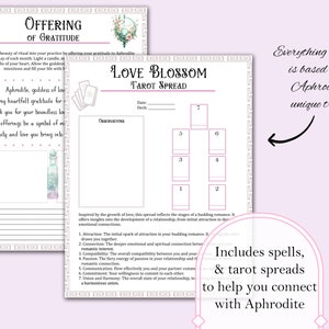 May include: A printable tarot spread designed to help connect with the Greek goddess Aphrodite. The spread is called "Love Blossom" and is inspired by the stages of a budding romance. The spread includes seven cards, each representing a different aspect of a relationship, such as attraction, connection, compatibility, passion, communication, commitment, and union and harmony. The printable also includes an offering of gratitude to Aphrodite.