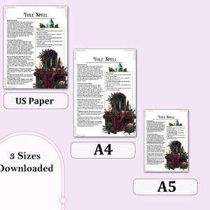 May include: Printable Yule Spell digital download in three sizes: US Letter, A4, and A5. The image features a festive scene with a crystal, candles, and a red cloth on a wooden table.