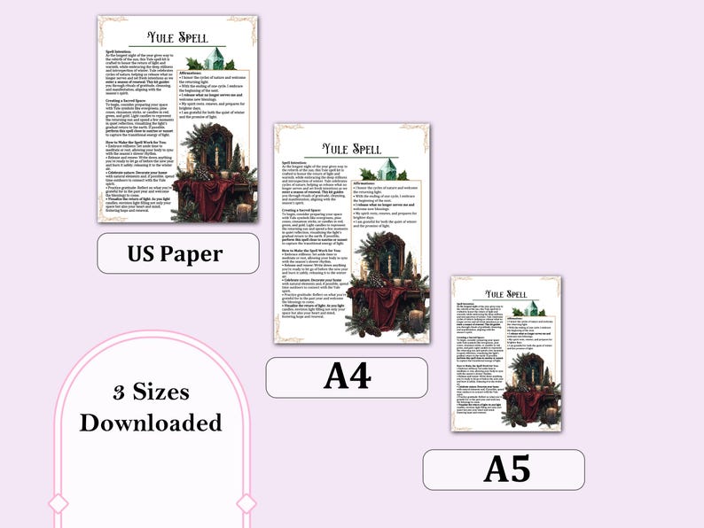 May include: Printable Yule Spell digital download in three sizes: US Letter, A4, and A5. The image features a festive scene with a crystal, candles, and a red cloth on a wooden table.
