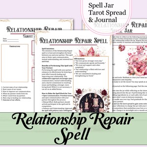 May include: A printable tarot spread and journal for relationship repair. The spread includes questions to help you reflect on the current state of your relationship, the root cause of issues, and how to improve communication. The journal prompts encourage you to write down your feelings and intentions for the relationship.