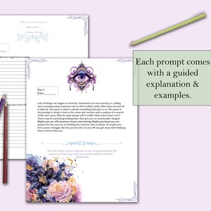 May include: A purple and gold illustrated eye with a floral design. The text "Lots of things can trigger us each day. Sometimes we react poorly (like yelling and screaming when someone cuts us off in traffic) while other times we just let it slide by. The point is, there is always something that gets to us. The point of this prompt is to take a look at the event and reaction to analyze it in search of the root cause. Why do some people yell at traffic while others don't care? There may be something lurking there that gets you emotionally charged. Maybe you are self-conscious of your own driving. Maybe you are going to be late and you are looking for someone to blame. Or maybe you feel a power struggle, like the person who cut you off may get away with thinking they're better than you."