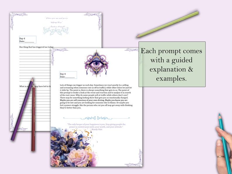 May include: A purple and gold illustrated eye with a floral design. The text "Lots of things can trigger us each day. Sometimes we react poorly (like yelling and screaming when someone cuts us off in traffic) while other times we just let it slide by. The point is, there is always something that gets to us. The point of this prompt is to take a look at the event and reaction to analyze it in search of the root cause. Why do some people yell at traffic while others don't care? There may be something lurking there that gets you emotionally charged. Maybe you are self-conscious of your own driving. Maybe you are going to be late and you are looking for someone to blame. Or maybe you feel a power struggle, like the person who cut you off may get away with thinking they're better than you."