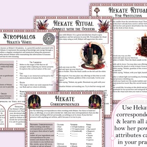 May include: A printable guide to Hekate, the Greek goddess of magic, witchcraft, and crossroads. The guide includes a ritual for protection, correspondences, and a wheel representing Hekate's power. The guide features a black and white illustration of Hekate with candles and herbs.