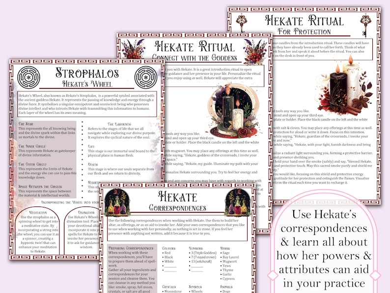 May include: A printable guide to Hekate, the Greek goddess of magic, witchcraft, and crossroads. The guide includes a ritual for protection, correspondences, and a wheel representing Hekate's power. The guide features a black and white illustration of Hekate with candles and herbs.