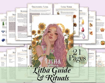 May include: A digital printable guide and spellbook for Litha, a summer solstice celebration. The guide features a colorful illustration of a woman with pink hair surrounded by sunflowers. The text "Litha Spellbook" and "Litha Guide & Rituals" are visible on the pages.
