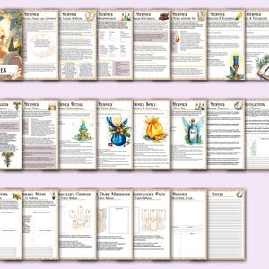 May include: A printable set of printable pages for a role-playing game. The pages feature illustrations of a winged figure, a caduceus, a bag of coins, and a bottle of liquid. The pages are titled "Hermes", "The Caduceus", "Hermes Ritual", "Hermes Spell", "Hermes Spell", "Hermes Air", "Hermes Prayers", and "Invocation".
