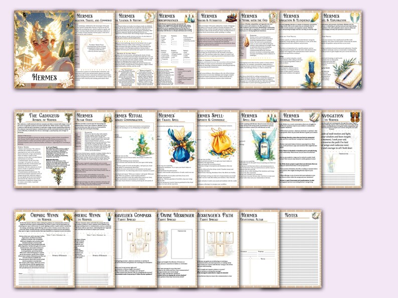 May include: A printable set of printable pages for a role-playing game. The pages feature illustrations of a winged figure, a caduceus, a bag of coins, and a bottle of liquid. The pages are titled "Hermes", "The Caduceus", "Hermes Ritual", "Hermes Spell", "Hermes Spell", "Hermes Air", "Hermes Prayers", and "Invocation".