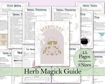 May include: A printable guide to herbal magick with 15 pages in 3 sizes. The guide features a whimsical illustration of a mushroom with a floral background. The text includes "Herbal Properties", "Tea Blends", "Herbs by Quick", "Protection", "Creativity", "Pots", and "Teas".