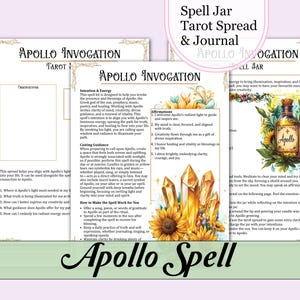 Pode incluir: Um conjunto de tarot e diário com o texto "Apollo Invocation" e "Apollo Spell". O design apresenta ilustrações de girassóis, cristais e um frasco de feitiços. O conjunto inclui páginas com texto e prompts.