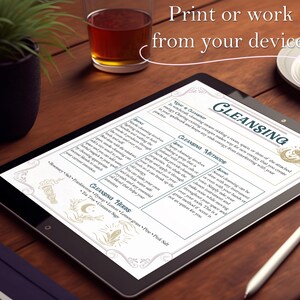 May include: A printable worksheet with a moon and stars design, titled "Cleansing". The worksheet includes information about cleansing methods, herbs, and their uses.