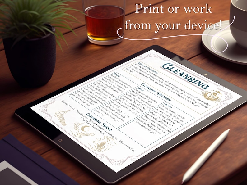 May include: A printable worksheet with a moon and stars design, titled "Cleansing". The worksheet includes information about cleansing methods, herbs, and their uses.