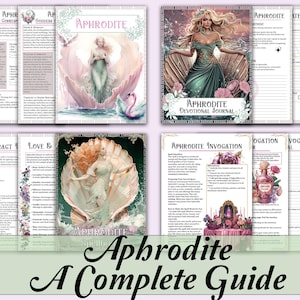 Puede incluir: Una guía sobre la diosa griega Afrodita, con ilustraciones de ella en una concha y un diario con el texto "Aphrodite Devotional Journal".