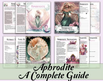 May include: A guide to the Greek goddess Aphrodite, featuring illustrations of her in a seashell and a journal with the text "Aphrodite Devotional Journal".