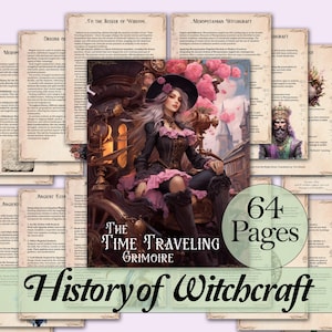 May include: A vintage-style illustration of a woman in a black dress and hat, riding in a carriage. The image is surrounded by pages of text, with the title "The Time Traveling Grimoire: History of Witchcraft" and "64 Pages" printed on the bottom.