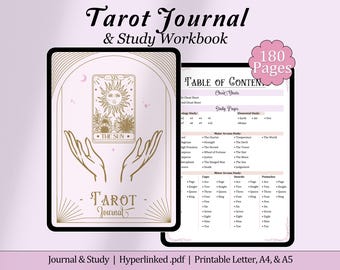 May include: A pink and gold tarot journal and study workbook with 180 pages. The cover features a stylized illustration of the Sun tarot card with the text "Tarot Journal" and "& Study Workbook".