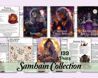 May include: A collection of printable pages for Samhain, a Celtic holiday, with illustrations of a woman in a purple dress, a cauldron, and a moon. The pages include spells, tarot spreads, and other magical practices. The text on the pages includes "Samhain Spell Jars", "Samhain Tarot Spreads", "Samhain", and "133 Pages".