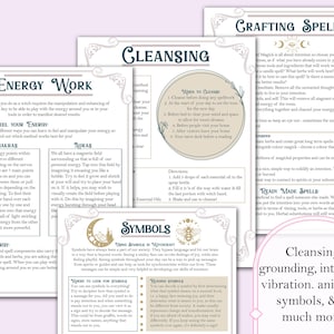 May include: A printable guide to crafting spells, energy work, and cleansing rituals. The guide features a variety of symbols, including a bee, a crescent moon, and a mountain. The text includes instructions on how to feel your energy, use chakras, and cleanse your space.