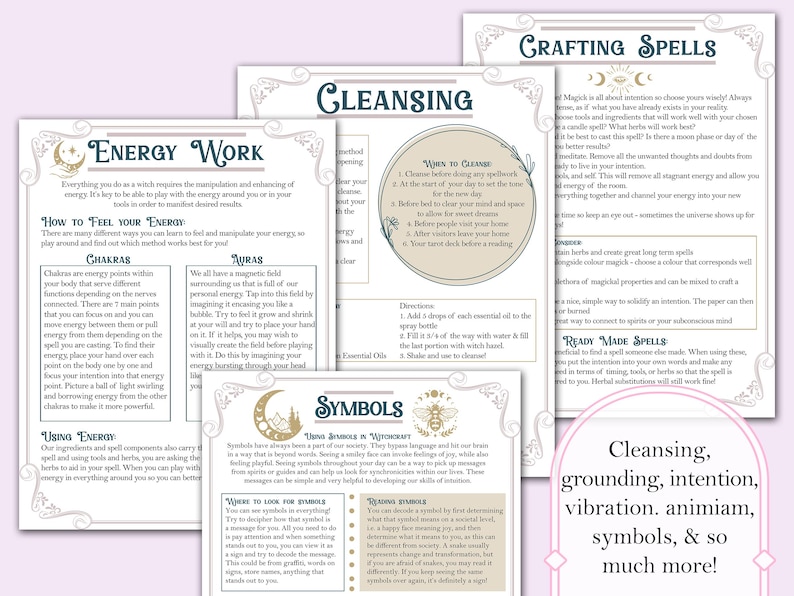 May include: A printable guide to crafting spells, energy work, and cleansing rituals. The guide features a variety of symbols, including a bee, a crescent moon, and a mountain. The text includes instructions on how to feel your energy, use chakras, and cleanse your space.