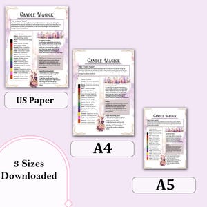 May include: Candle Magick printable guide with a list of candle colors and their meanings. The guide is available in three sizes: US Paper, A4, and A5. The guide features a watercolor illustration of a fairy with candles and flowers.