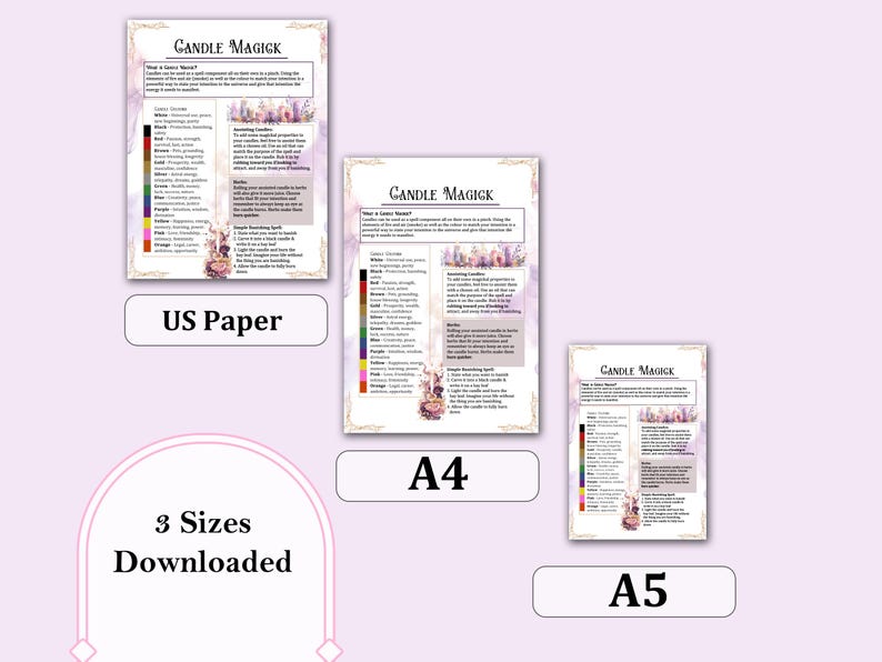 May include: Candle Magick printable guide with a list of candle colors and their meanings. The guide is available in three sizes: US Paper, A4, and A5. The guide features a watercolor illustration of a fairy with candles and flowers.
