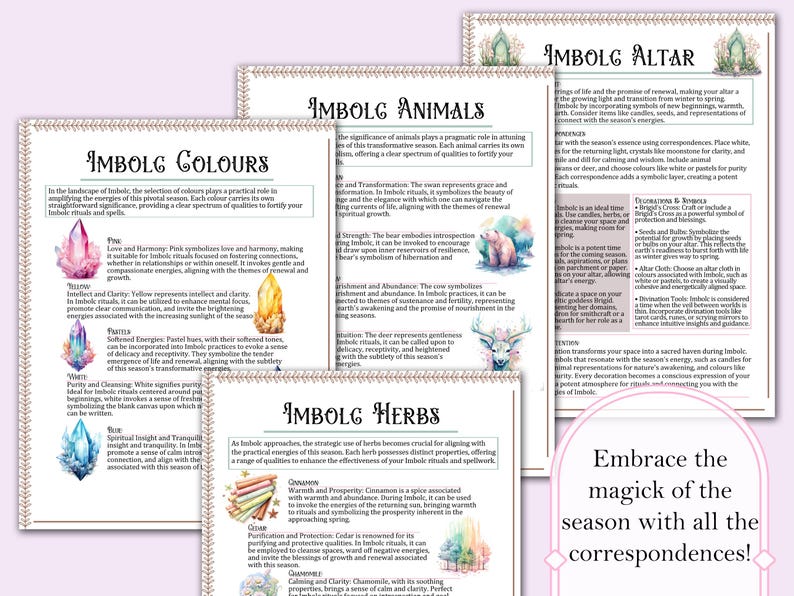 Puede incluir: Un conjunto de tarjetas imprimibles con ilustraciones de acuarela y texto sobre la festividad celta de Imbolc. Las tarjetas presentan colores, animales, hierbas y decoraciones de altar asociadas a la celebraci&oacute;n. El texto incluye frases como "&iexcl;Abraza la magia de la temporada con todas las correspondencias!"