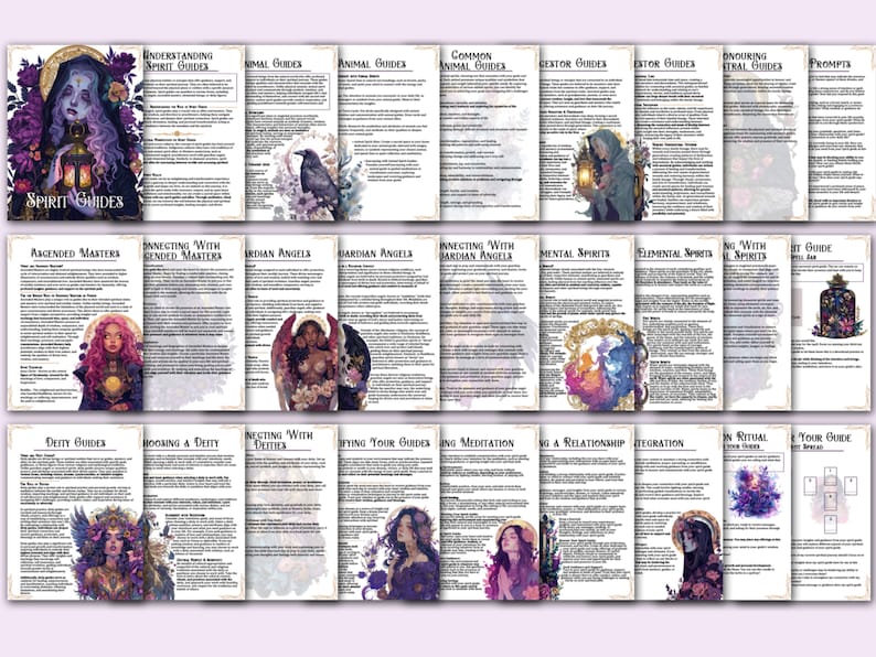 K&ouml;nnte beinhalten: Ein Satz von 16 illustrierten Karten mit Text &uuml;ber Geistf&uuml;hrer. Die Karten zeigen verschiedene Illustrationen von Frauen, Engeln und anderen spirituellen Wesen. Der Text auf den Karten enth&auml;lt Titel wie "Geistf&uuml;hrer verstehen", "Verbindung mit aufgestiegenen Meistern", "Schutzengel", "Elementargeister", "Gottheiten als F&uuml;hrer", "Wahl einer Gottheit", "Verbindung mit Wesenheiten", "Deine F&uuml;hrer erkennen", "Meditation leiten", "Eine Beziehung aufbauen", "Integration", "Dein Ritual", "Dein F&uuml;hrer", und "Anregung".
