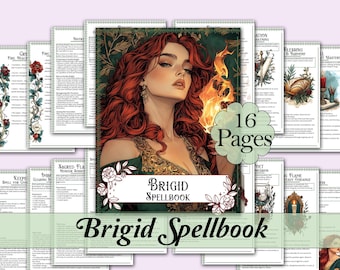 May include: A Brigid Spellbook with 16 pages, featuring a red-haired woman with a fiery background. The cover displays the text "Brigid Spellbook" with floral accents. Additional pages with text and illustrations are visible.