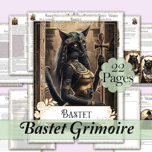 May include: A set of 22-page Bastet Grimoire cards. The central image shows a black cat deity with gold detailing, holding an ankh. The cards have a vintage style with floral and hieroglyphic designs.