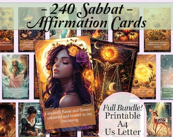 Könnte beinhalten: Eine Sammlung von 240 Sabbat-Affirmationskarten. Die Karten zeigen Illustrationen von Frauen, Natur und Himmelskörpern. Der Text auf den Karten enthält Sätze wie "Ich bin sowohl Flamme als auch Blume" und "Full Bundle! Printable A4 Us Letter".
