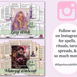 May include: Two digital printable books on witchcraft. The first book is titled "Lazy Witch" and has 22 pages. The second book is titled "History of Witchcraft" and has 64 pages. Both books feature illustrations of women in witchy attire.