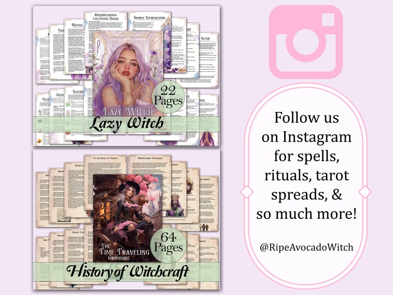 May include: Two digital printable books on witchcraft. The first book is titled "Lazy Witch" and has 22 pages. The second book is titled "History of Witchcraft" and has 64 pages. Both books feature illustrations of women in witchy attire.