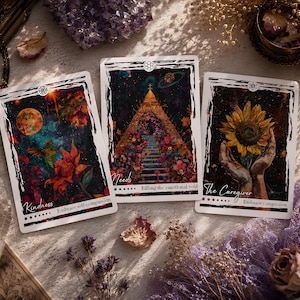 Puede incluir: Tres cartas de or&aacute;culo rectangulares con bordes blancos que presentan ilustraciones art&iacute;sticas. La carta de la izquierda muestra un colibr&iacute; y una luna con el texto Kindness y Embrace self-compassion. La carta central representa una pir&aacute;mide con el texto Needs y Filling the emotional void. La carta de la derecha muestra manos sosteniendo un girasol con el texto The Caregiver y Embrace compassion.